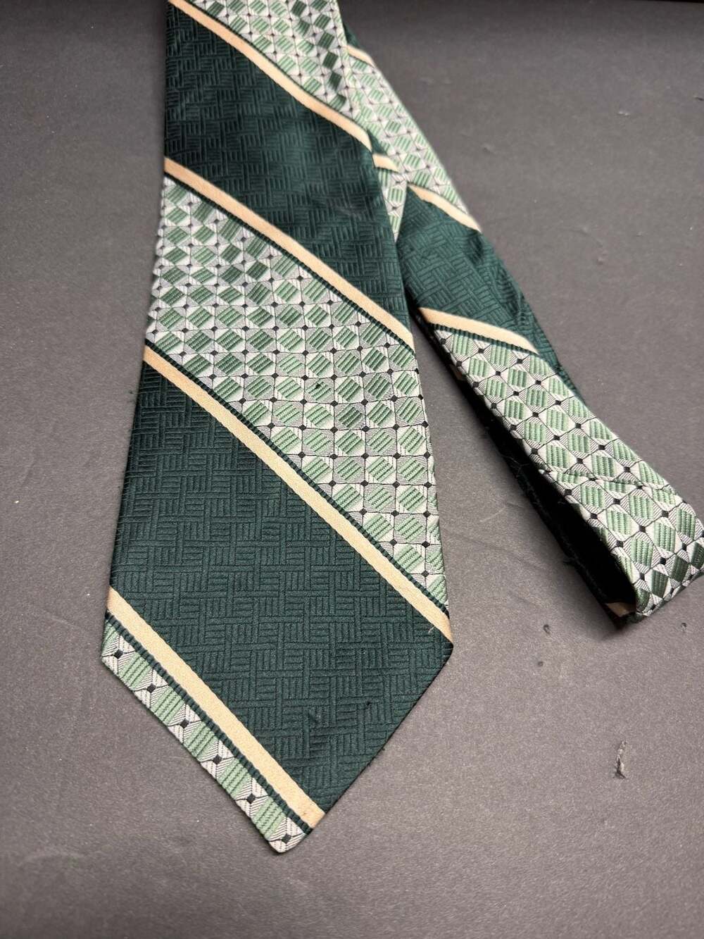Vintage Prince Consort Green Striped Geometric Button-Down Tie
